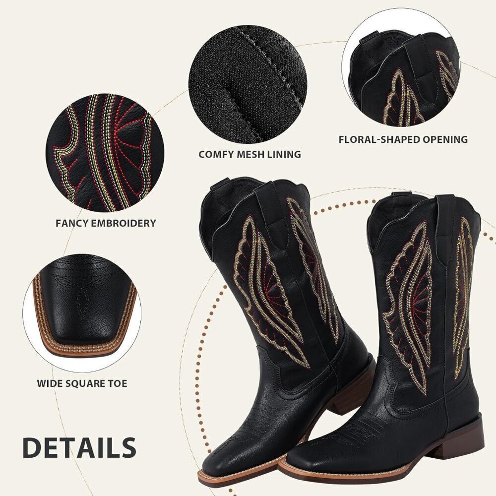 SheSole Western Boots Women Black Tan Faux Leather Square Toe Wide Mid Calf - Picture 5 of 9